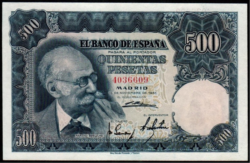 15 de noviembre de 1951. 500 pesetas. Sin serie. E460. Ligerísimamente planchado...