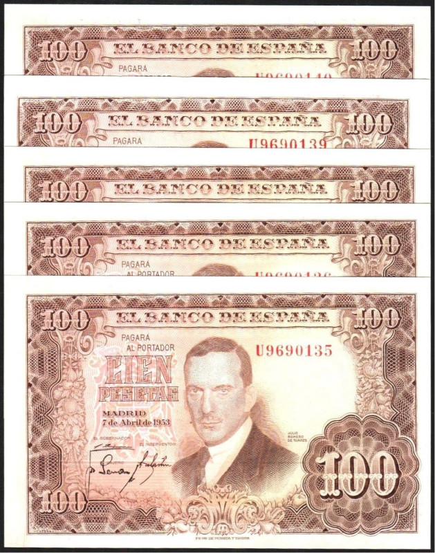 7 de abril de 1953. 100 pesetas. Serie U. Seis correlativos. E464b. Leve marca l...