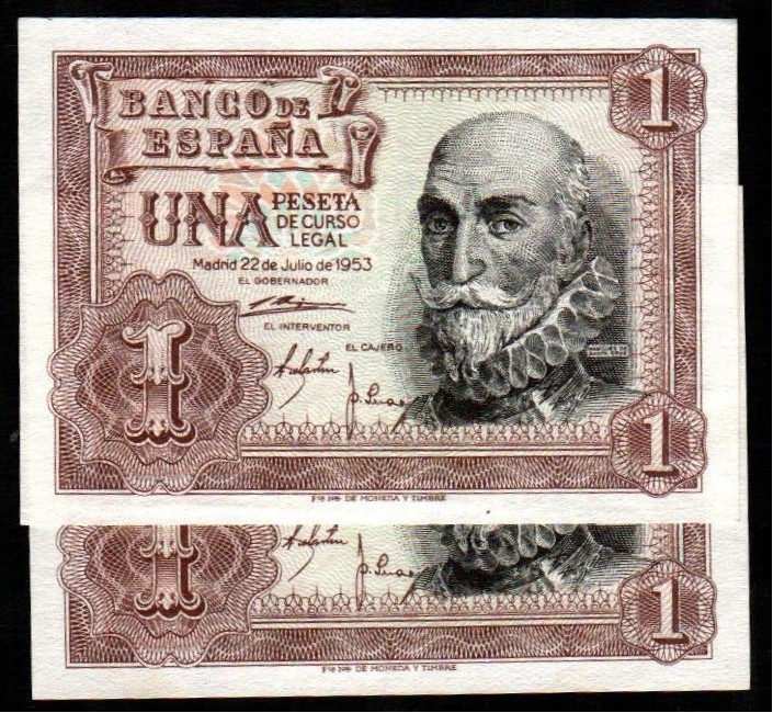 22 de julio de 1953. 1 peseta. Serie K. Pareja correlativa. E465a. EBC- y EBC, r...