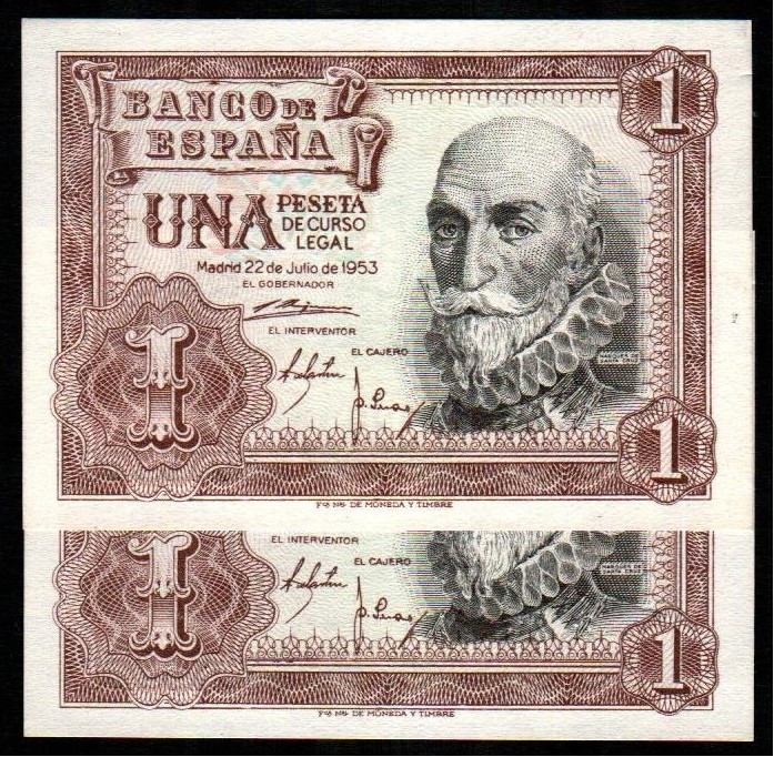 22 de julio de 1953. 1 peseta. Serie M. Pareja correlativa. E465a. Marquita casi...