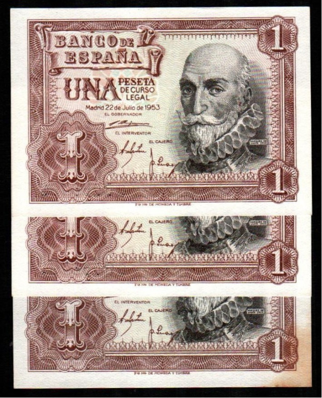 22 de julio de 1953. 1 peseta. Serie Q. Pareja correlativa. Más otro suelto. E46...