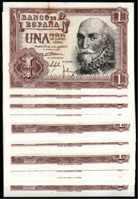 22 de julio de 1953. 1 peseta. Serie 1C. Dieciséis correlativos. E465a. Leve mar...