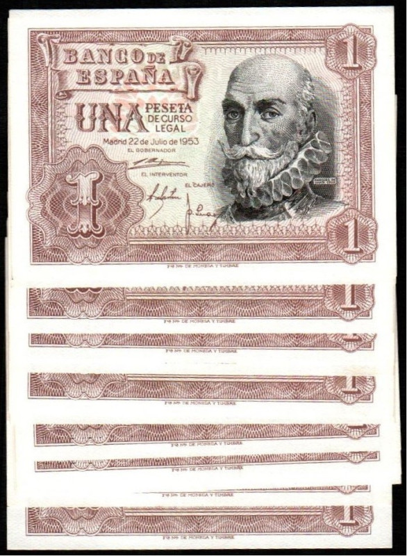 22 de julio de 1953. 1 peseta. Serie 1G. Trece correlativos. E465a. Ligerísimame...