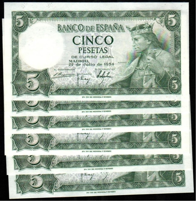 22 de julio de 1954. 5 pesetas. Serie P. Diez correlativos. E466a. SC, apresto o...