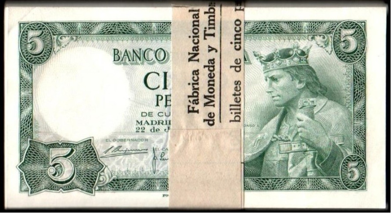 22 de julio de 1954. 5 pesetas. Serie T. Cien correlativos con faja de la FNMT. ...