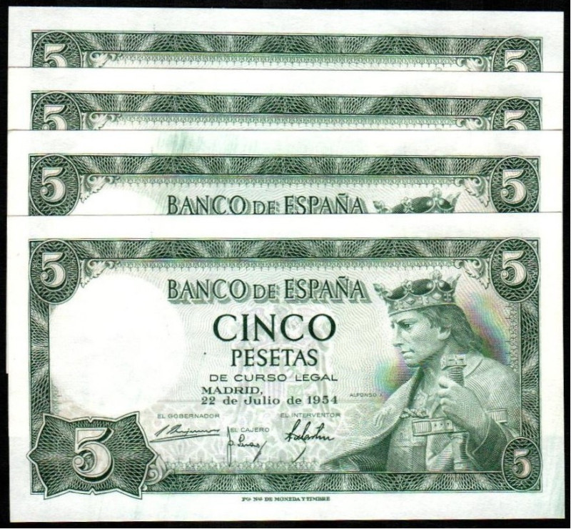 22 de julio de 1954. 5 pesetas. Serie U. Cuatro correlativos. E466a. SC, apresto...