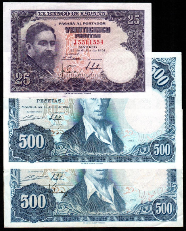 22 de julio de 1954. 25 pesetas. Serie J. 500 pesetas. Series D y N. E467a y 468...