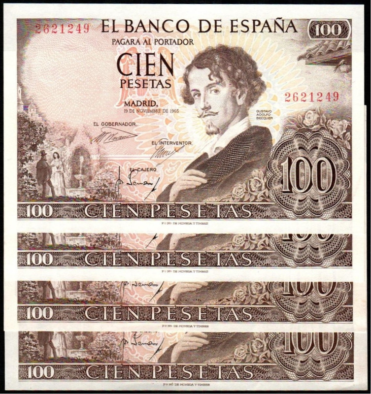 19 de noviembre de 1965. 100 pesetas. Sin serie. Dos parejas correlativas. E470....