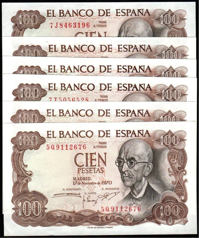 17 de noviembre de 1970. 100 pesetas. Series 5Q, 7T y 7J. Tres parejas correlati...