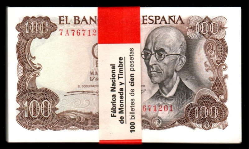 17 de noviembre de 1970. 100 pesetas. Serie 7A. Cien correlativos con faja de la...