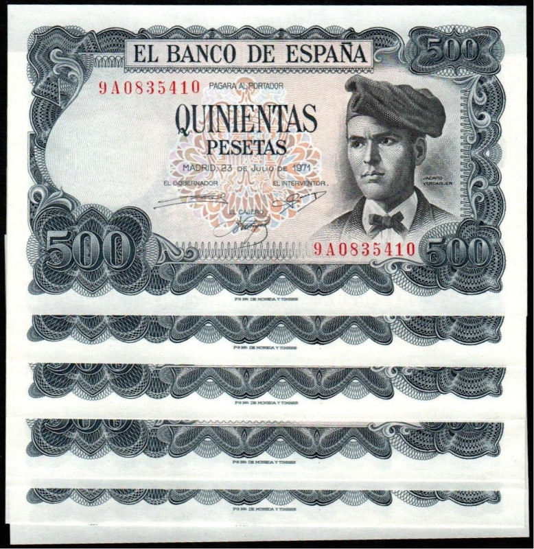 23 de julio de 1971. 500 pesetas. Serie 9A. Nueve correlativos. E473b. SC, apres...