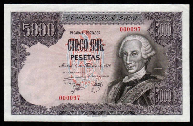 6 de febrero de 1976. 5.000 pesetas. Sin Serie. Número muy bajo, inferior a la c...