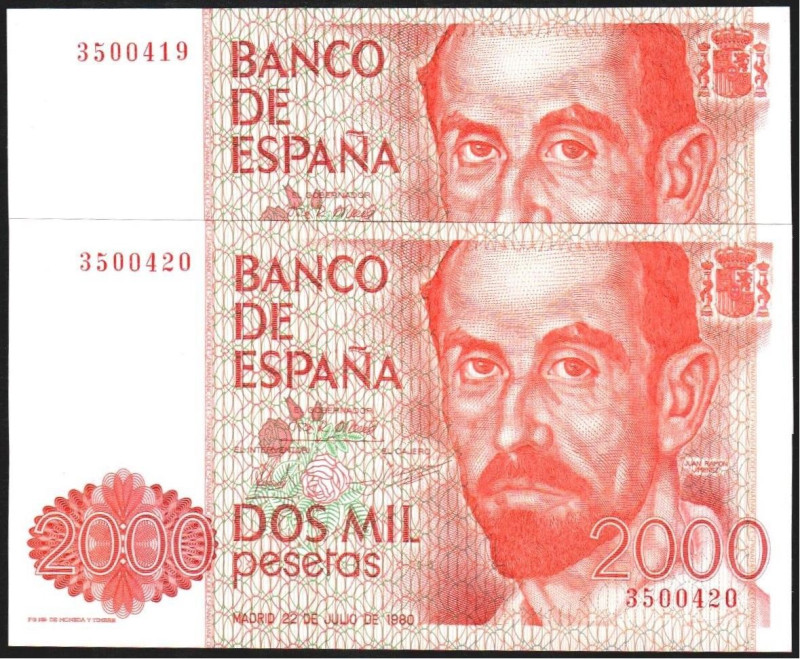 22 de julio de 1980. 2.000 pesetas. Sin serie. Pareja correlativa. E479. Piquito...