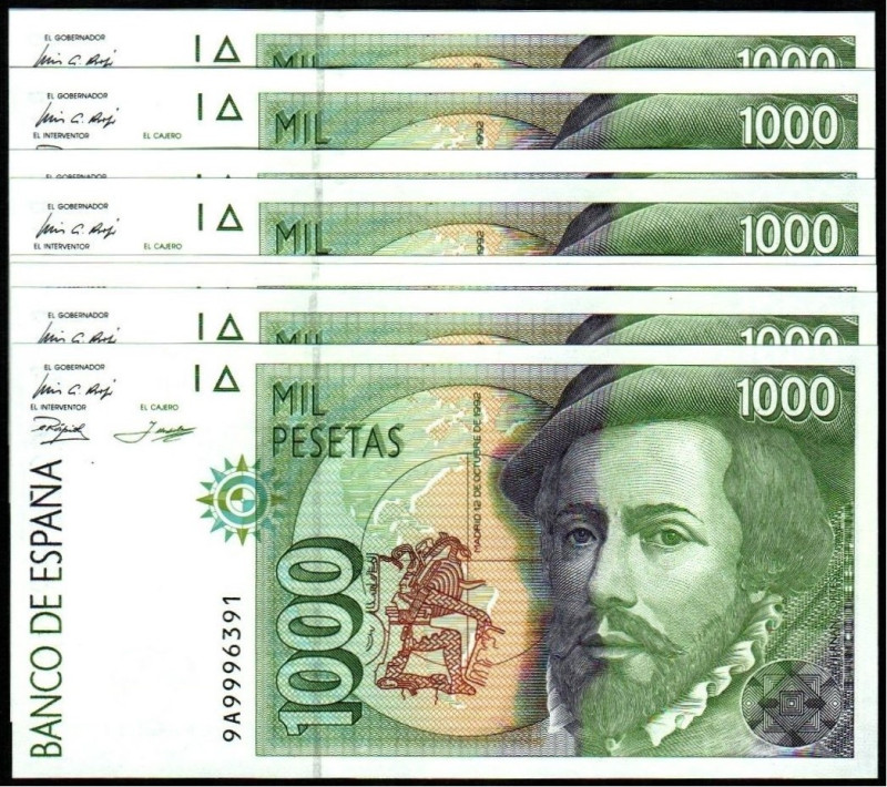 12 de octubre de 1992. 1.000 pesetas. Serie 9A. Diez correlativos. E483c. SC, ap...