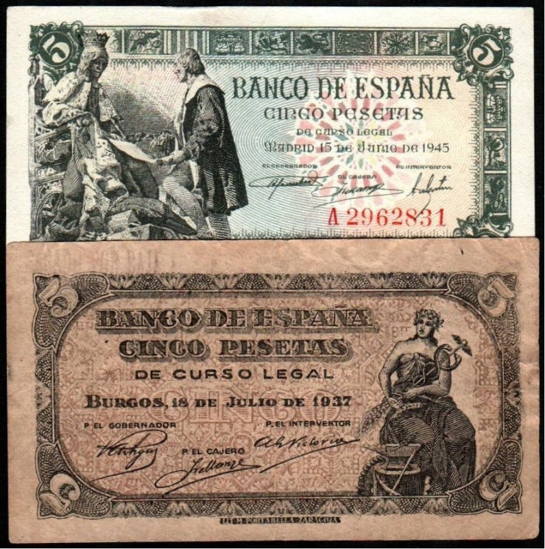 18 de julio de 1937. 5 pesetas. Serie C. Estampillado en reverso PAGADO POR CAJA...