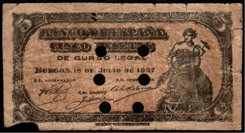 18 de julio de 1937. 5 pesetas. Serie C. Falso. Seis taladros ¿posteriores?. E n...