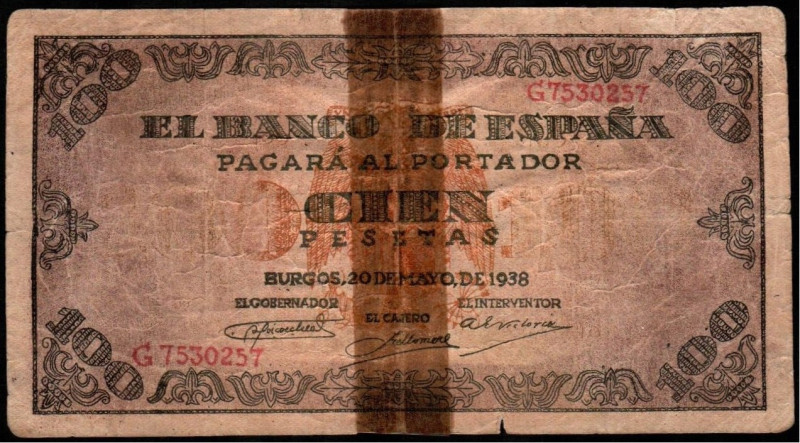 20 de mayo de 1938. 100 pesetas. Serie G. Falso. E no cita. Celo en anverso. MBC...