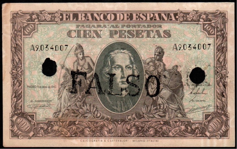 9 de enero de 1940. 100 pesetas. Serie A. FALSO estampillado en ambas áreas. Dos...