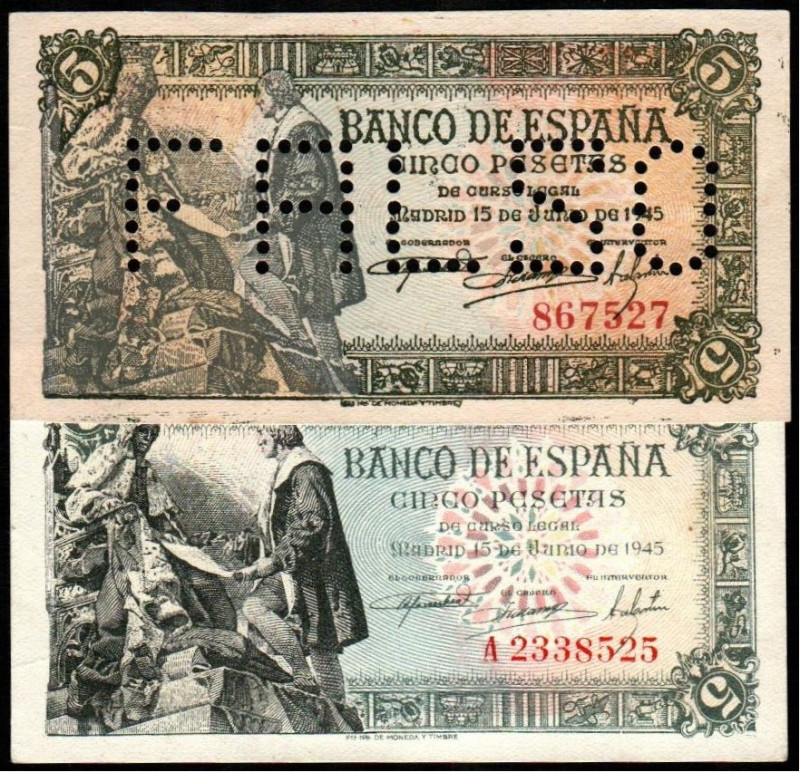 15 de junio de 1945. 5 pesetas. Sin serie y serie A. FALSO en perforación ¿poste...