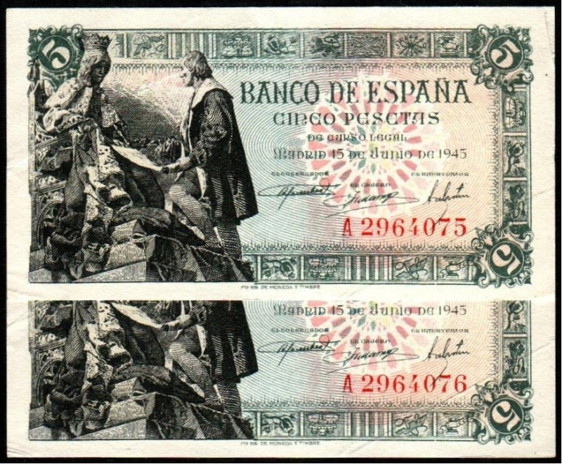 15 de junio de 1945. 5 pesetas. Serie A. Pareja correlativa. Falsos. E449F. Plie...