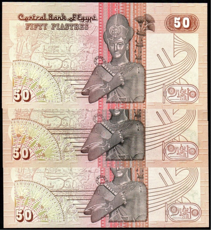 EGIPTO. 50 piastras (3). WPM55a. (3x35$). SC. Lote de tres billetes (3)