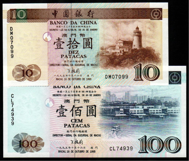 MACAO. Banco de China. 10 y 100 patacas. 16 de octubre de 1995. WPM90 y 93 (15 y...