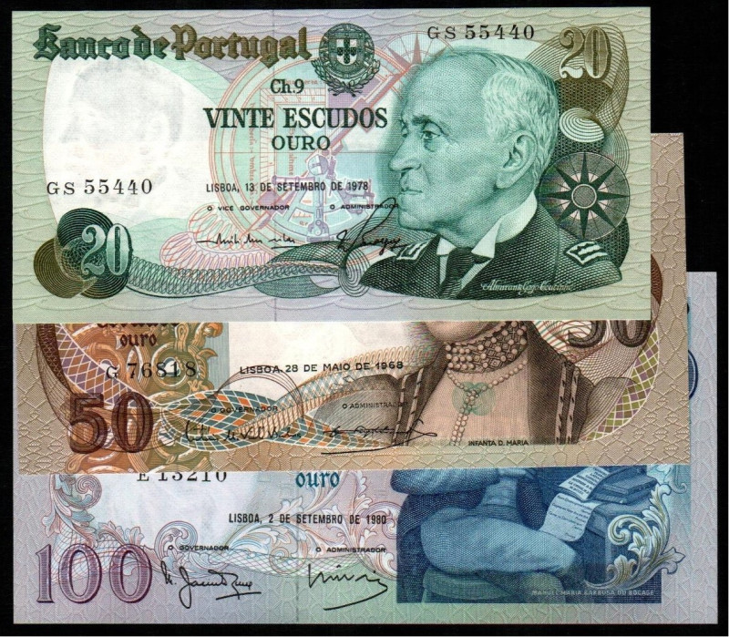 PORTUGAL. 20 escudos. 1978. WPM176 (9$). 50 escudos. 1968. WPM174 (18$). 100 esc...