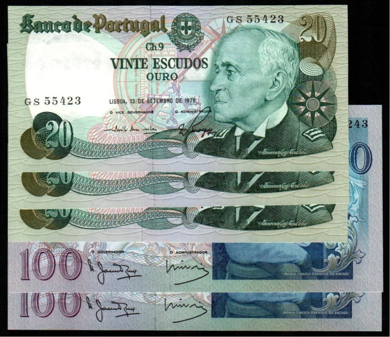 PORTUGAL. 20 escudos. Trío correlativo. WPM176a (3x9$). 100 escudos. 1980. Trío ...