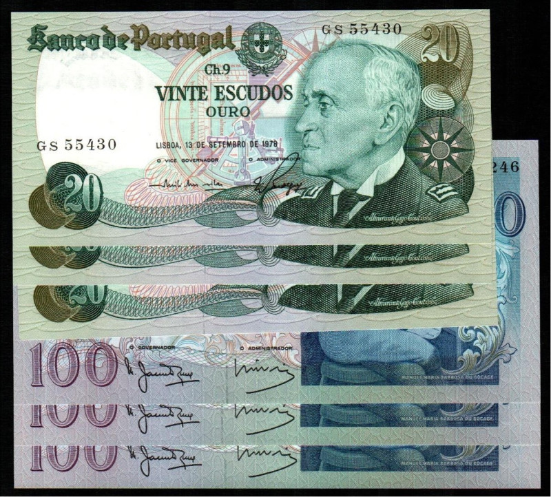 PORTUGAL. 20 escudos. Trío correlativo. WPM176a (3x9$). 100 escudos. 1980. Trío ...