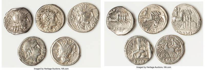 ANCIENT LOTS. Roman Republic. Lot of five (5) AR denarii. Fine, bankers mark, ed...