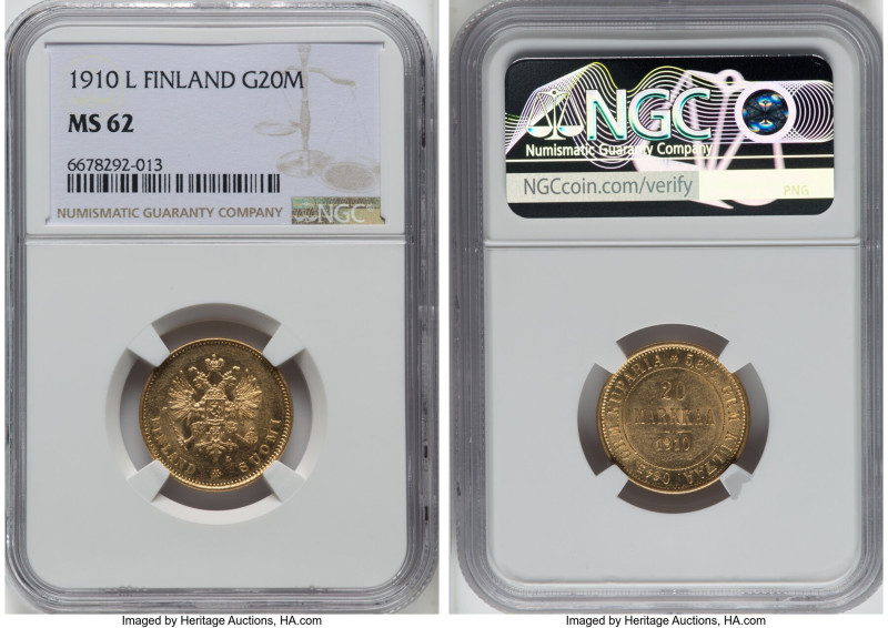 Russian Duchy. Nicholas II gold 20 Markkaa 1910-L MS62 NGC, Helsinki mint, KM9.2...