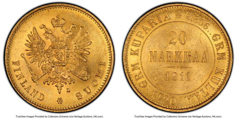 Russian Duchy. Nicholas II gold 20 Markkaa 1911-L MS64 PCGS, Helsinki mint, KM9....