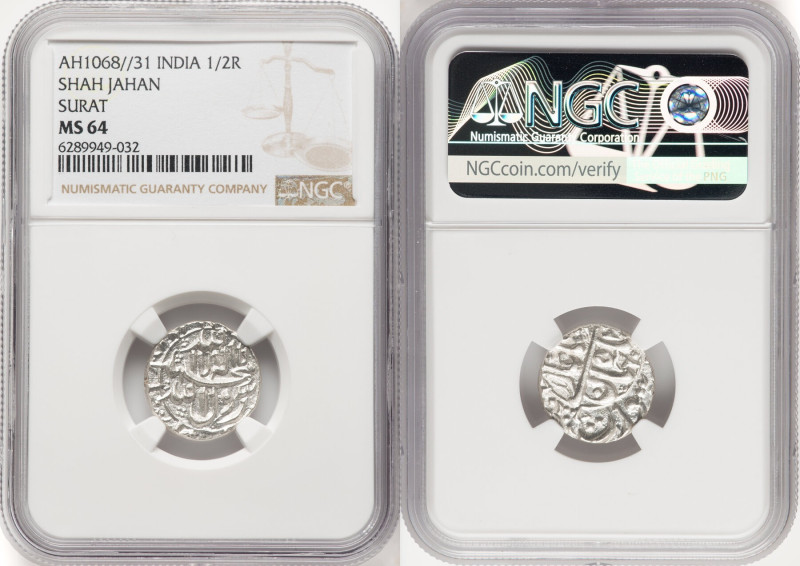 Mughal Empire. Shah Jahan silver 1/2 Rupee AH 1068 Year 31 (1657/1658) MS64 NGC,...