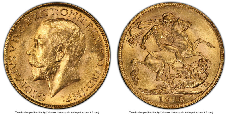 British India. George V gold Sovereign 1918-I MS64 PCGS, Bombay mint, KM-A525, S...