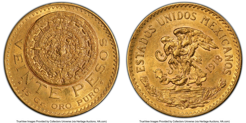 Estados Unidos gold 20 Pesos 1918 MS61 PCGS, Mexico City mint, KM478, Fr-171. HI...