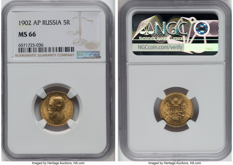 Nicholas II gold 5 Roubles 1902-AP MS66 NGC, St. Petersburg mint, KM-Y62, Fr-180...