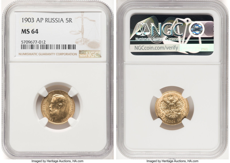 Nicholas II gold 5 Roubles 1903-AP MS64 NGC, St. Petersburg mint, KM-Y62, Fr-180...