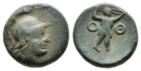 Greek Coins
Pamphylia, Aspendos Æ Circa 400-200 BC,(3,8 gr - 15,60 mm). Helmeted head of Athena to right / Slinger standing to right; O - Θ across fie...