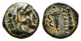 Greek Coins
KINGS OF MACEDON. Alexander III 'the Great' (336-323 BC)(1,4 gr - 11,30 mm). AE. Uncertain Macedonian mint.
Obv: Head of Herakles right, w...