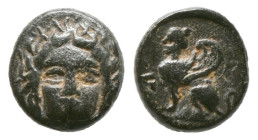 Greek Coins
CARIA. Kaunos. Circa 390-370 BC. AE (Bronze, 9,80 mm, 0,90 g). Head of Apollo facing slightly to right. Rev. [&#66236;] - Γ ('kb' in Caria...