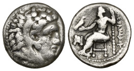 Greek Coins
KINGS OF MACEDON. Alexander III 'the Great' (336-323 BC). Drachm.(4,0gr 16,50mm)
Obv: Head of Herakles right, wearing lion skin.
Rev: AΛΕΞ...
