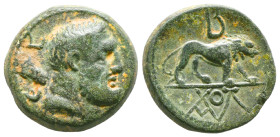Greek Coins
KINGS OF GALATIA. Amyntas (36-25 BC). Ae (9,9 gr - 23,10 mm) Dated RY 5 (31/0).
Obv: Head of Herakles right, with club over shoulder; ЄC...