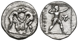 Greek Coins
PAMPHYLIA, Aspendos. Circa 380/75-330/25 BC. AR Stater (10,6 gr - 22,50 mm). Two wrestlers grappling; AΦ between / Slinger in throwing sta...