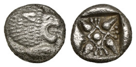Greek Coins
Ionia, Miletos AR Obol. (0,90 gr - 9,70 mm) Late 6th-early 5th century BC. Forepart of lion left, head reverted / Stellate pattern in incu...
