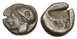 Greek Coins
IONIA. Phokaia. Diobol (1,3 gr - 9,90 mm) (Circa 521-478 BC).
Obv: Archaic female head left, wearing earring and helmet or close fitting c...