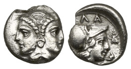 Greek Coins
Mysia. Lampsakos circa 400-200 BC. Diobol AR (0,9 gr - 11,10 mm)
Janiform female head / [ΛA]-M, helmeted head of Athena right, bee to righ...