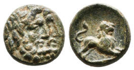 Greek Coins
PISIDIA, Komana. Circa 1st Century BC. Æ(2,8gr 13,40mm). Jugate, bearded heads right / Lion springing right; KO in exergue Very fine