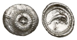 Greek Coins
?Calabria. ?Tarentum circa 280-228 BC.
Hemiobol AR 8mm., 0,42g.
Wreath (or cockle -shell) rays around, star in the middle / Dolphin swi...