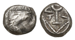 Greek Coins
RARE
CILICIA, Tarsos. Circa 440-410 BC. AR Obol (0,80GR 6,80MM). Forepart of Pegasos left / Monogram or tamgha; olive leaves to left(?); a...
