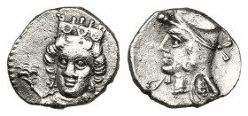 Greek Coins
CILICIA. Uncertain. Obol (4th century BC).
Obv: Female head facing slightly left, wearing stephane.
Rev: Male head left, wearing diadem an...